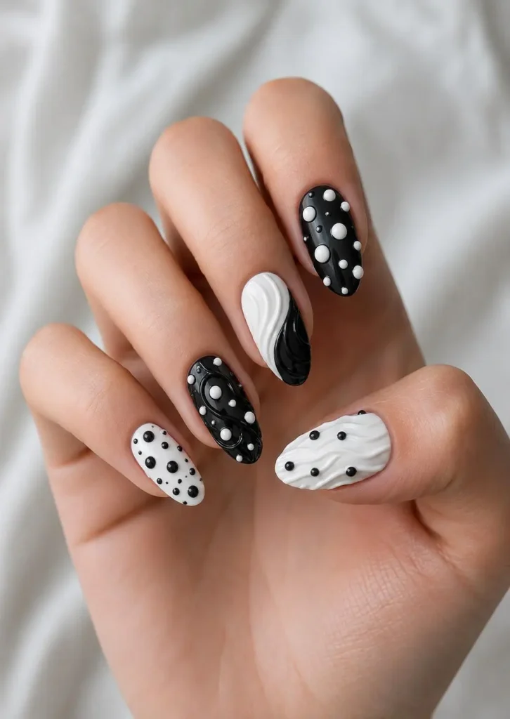3D Textured Black And White Nails
