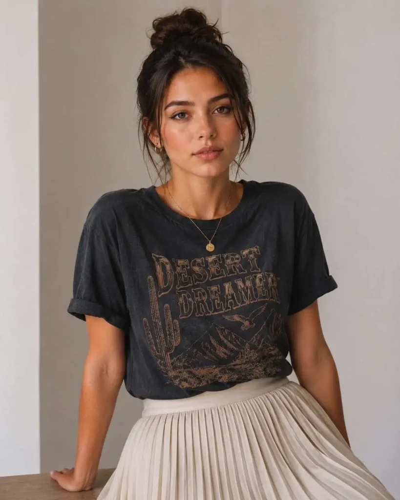 Graphic Tee Paired With a Pleated Midi Skirt