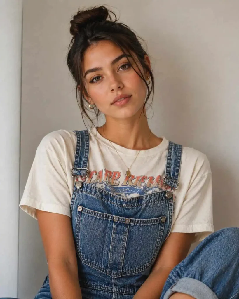 Graphic Tee Under Denim Overalls