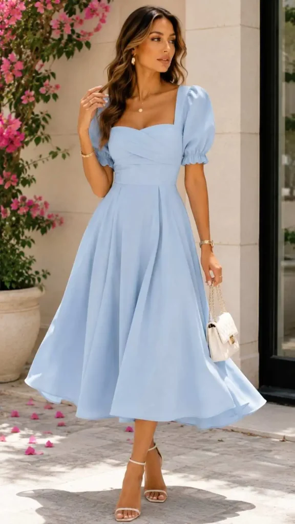 Ice Blue Puff-Sleeve Midi Dress
