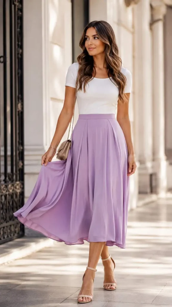 Lilac Flowy Midi Skirt with Fitted White Top