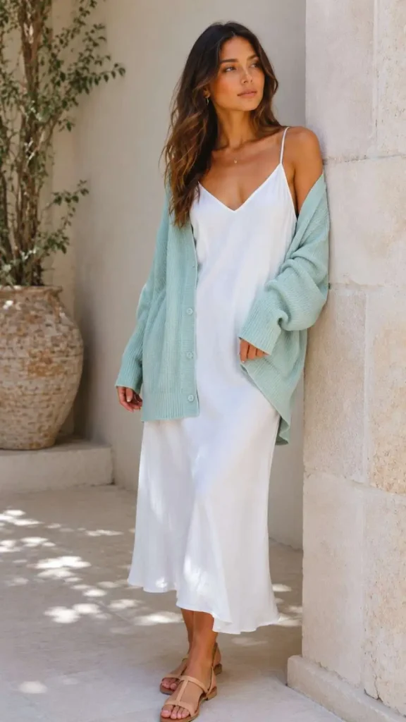 Mint Green Cardigan over White Slip Dress