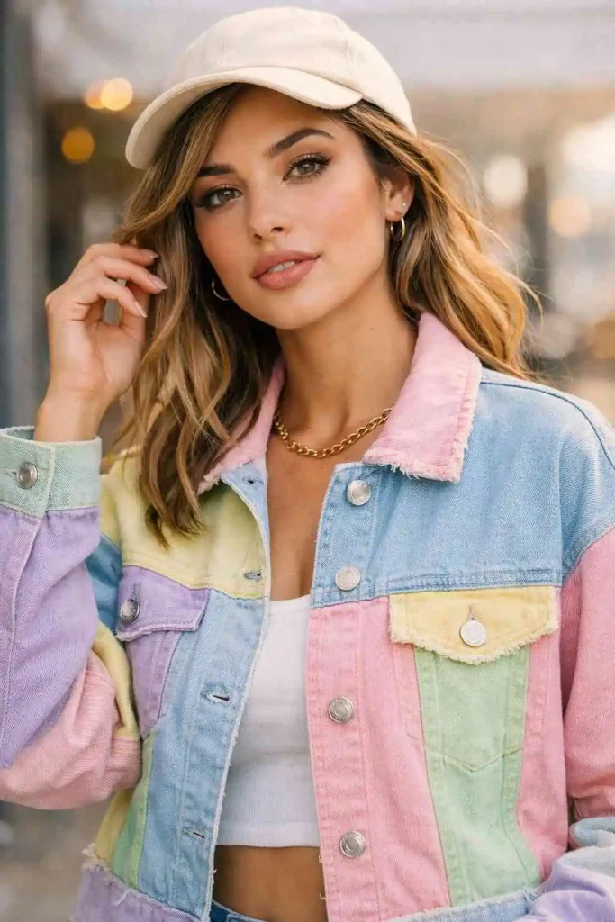 Pastel Patchwork Denim Jacket Outfit