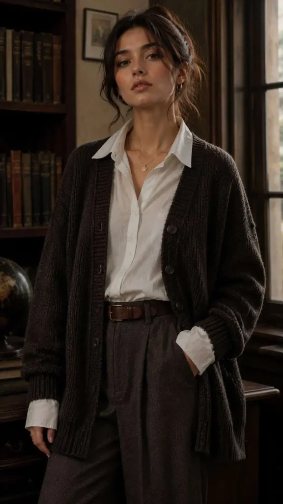 Oversized Cardigan Over a Collared Shirt